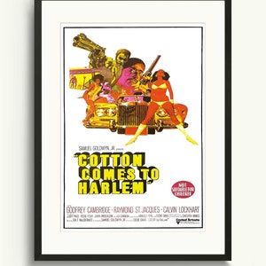 May include: A vintage movie poster for the film "Cotton Comes to Harlem" featuring a yellow car with a woman in a bikini sitting on the bonnet. The poster has a red and yellow colour scheme and features the text "Not Suitable for Children".