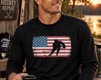 Distressed American Flag Hockey Player Long Sleeve Shirt, Patriotic USA Ice Hockey Fan Tee