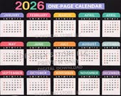 2026 Colorful One Page Calendar Printable PDF PNG | Yearly Wall Calendar Download