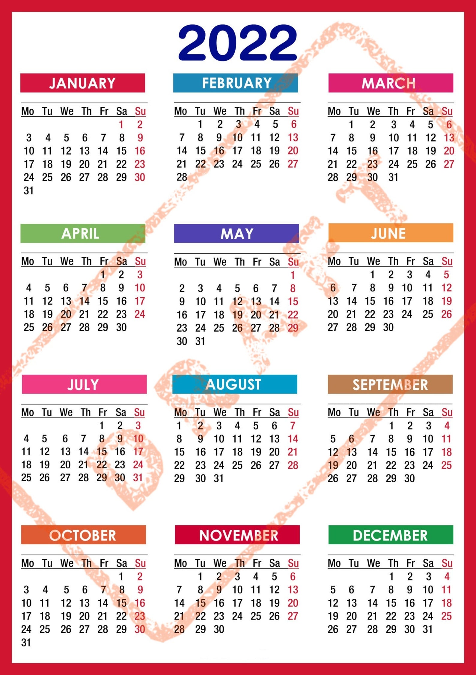 2022 Colorful Calendar Printable Yearly Calendar 12 Months Etsy