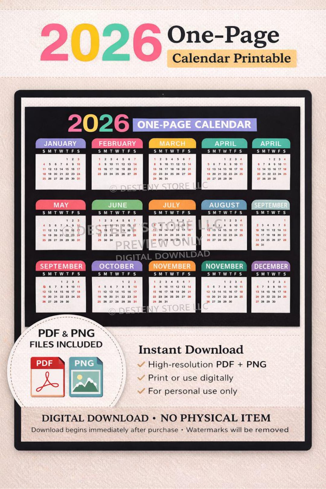 2026年 カラフル 1ページカレンダー 印刷可能 PDF PNG | 年間壁掛け