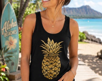Gold Pineapple Tank Top, Tropical Aloha Beach Shirt, Summer Vacation Hawaiian Style