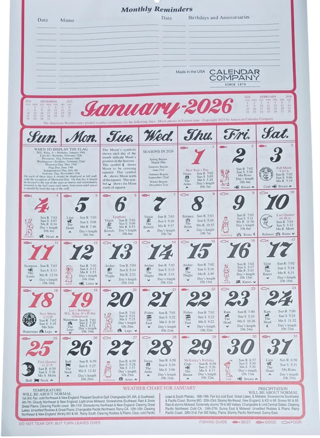 TYPE MOON 2026年カレンダー 2026 Almanac Wall Calendar Lunar Moon Phases Gardening and Fishing