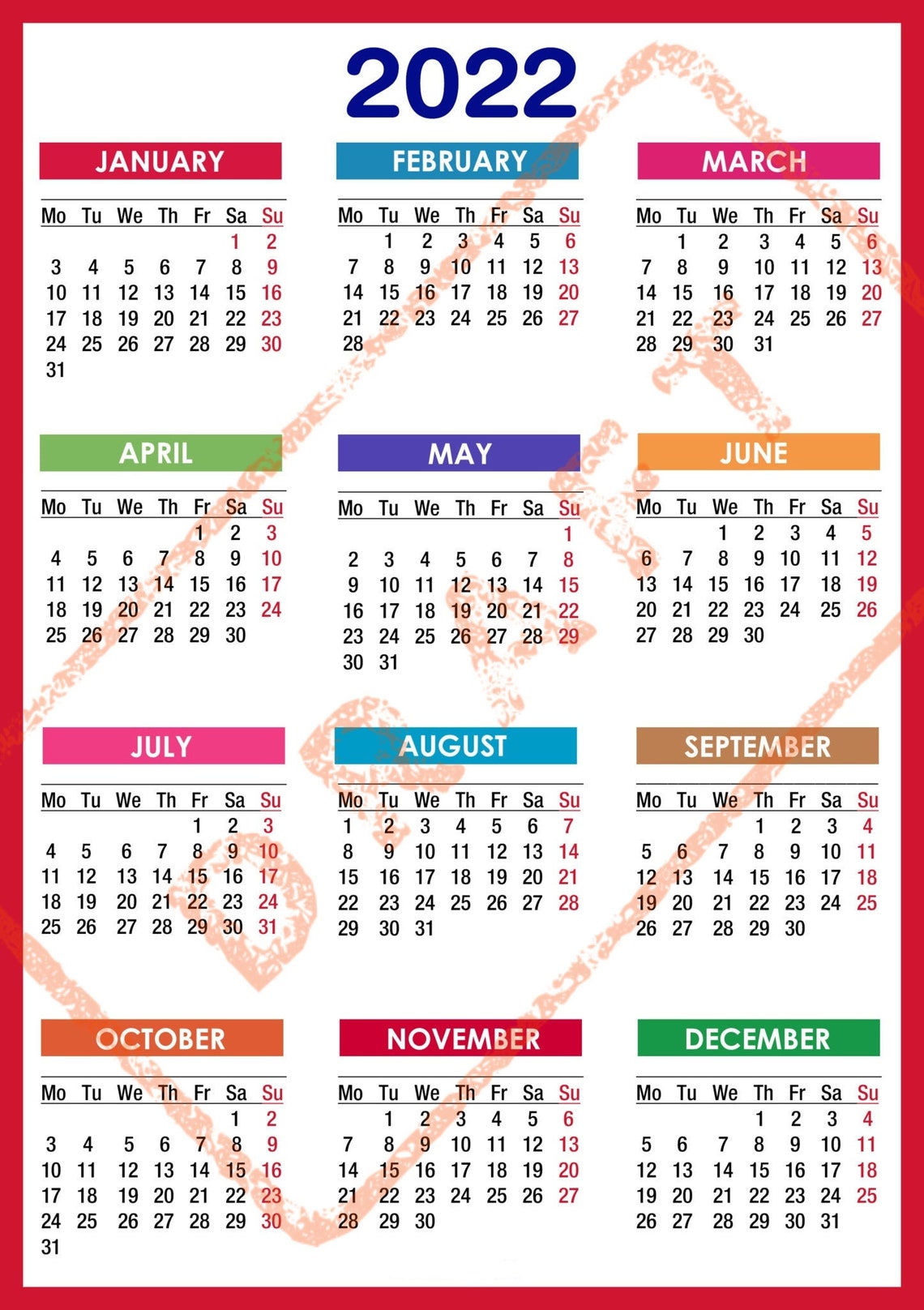 2022 Colorful Calendar Printable Yearly Calendar 12months Etsy