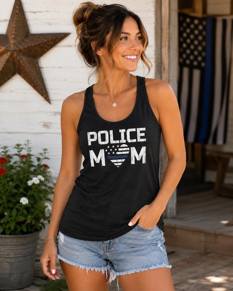 May include: A black sleeveless tank top featuring the white distressed text POLICE MOM with a heart-shaped American flag graphic in the center, which includes a single horizontal blue stripe across the middle of the heart design.