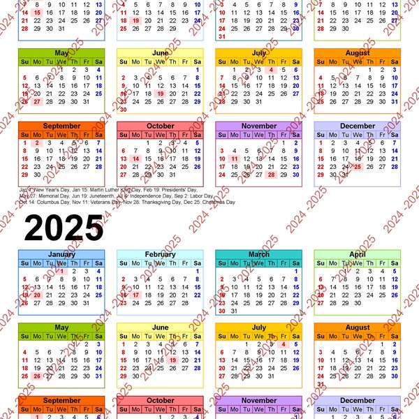 2024-2025 Colorful Calendar Printable, Yearly Calendar, 12-Months Calendar, Simple Calendar, Digital Calendar, One Page Calendar