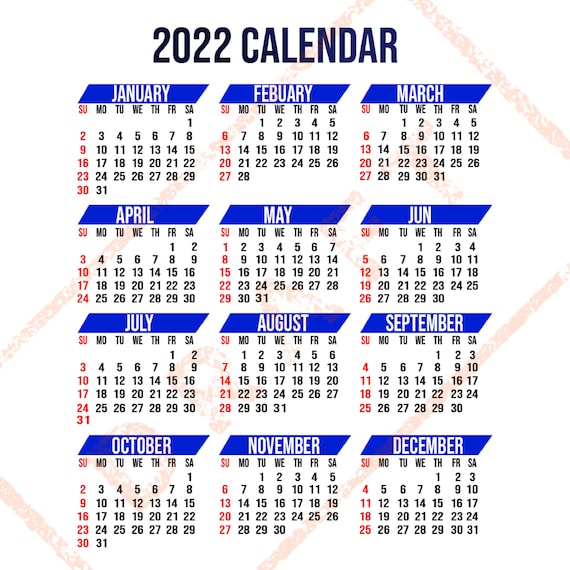 2022 calendar printable yearly calendar 12 months calendar etsy