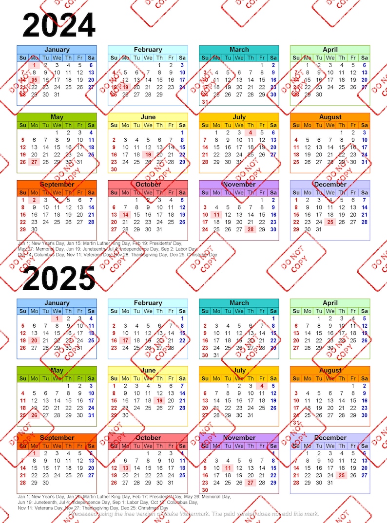 20242025 Colorful Calendar Printable, Yearly Calendar, 12months