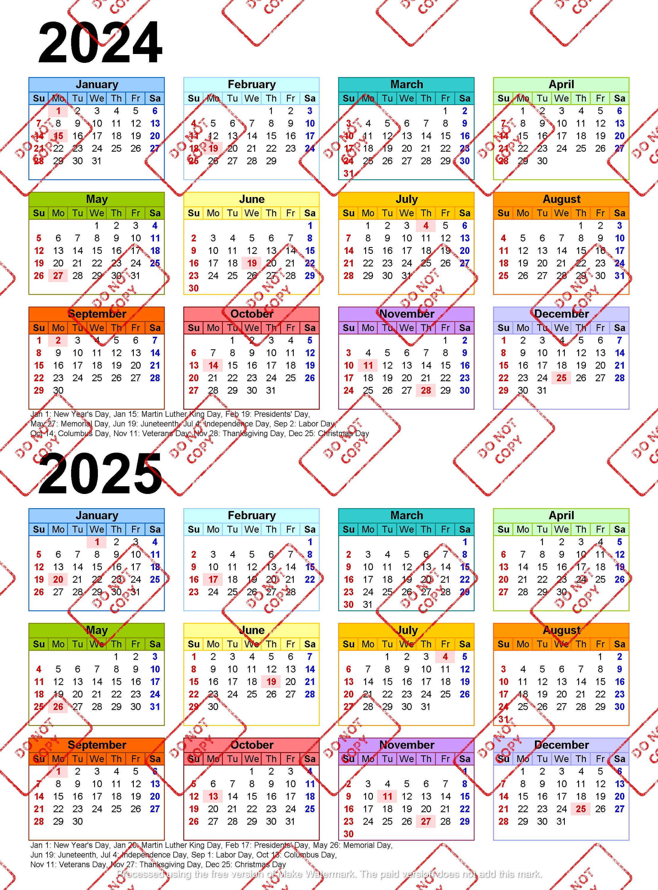 20242025 Colorful Calendar Printable, Yearly Calendar, 12months