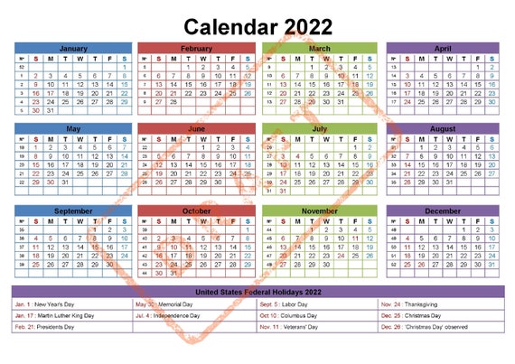 2022 Calendar Printable With Federal Holidays Yearly | Etsy