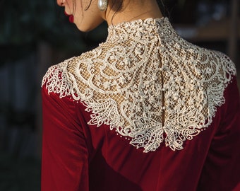 Lydia - Qi-Pao inspired cape sleeves cllared lace red wedding dress.