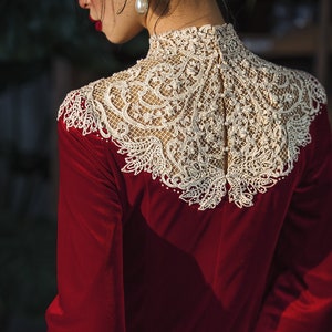 Lydia Qi-Pao inspired cape sleeves cllared lace red wedding dress. image 1