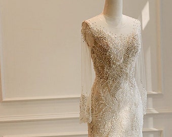 Denisa - long sleeves illusion neckline A-line wedding dress.