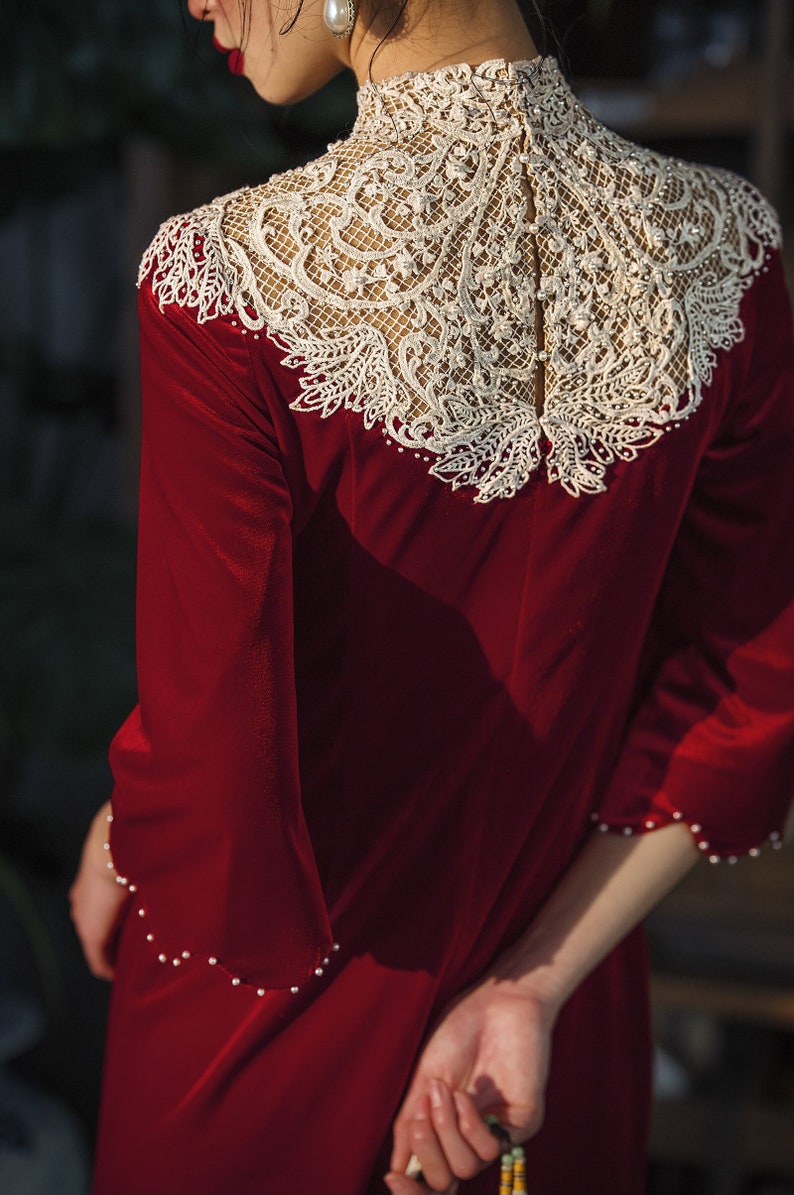 Lydia Qi-Pao inspired cape sleeves cllared lace red wedding dress. image 1