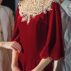 Lydia Qi-Pao inspired cape sleeves cllared lace red wedding dress. image 2