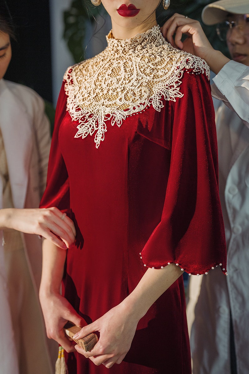 Lydia Qi-Pao inspired cape sleeves cllared lace red wedding dress. image 2