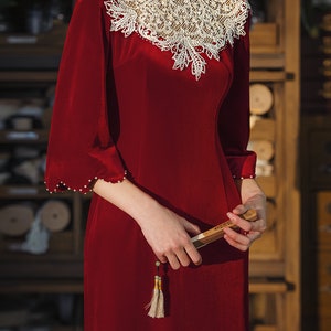 Lydia Qi-Pao inspired cape sleeves cllared lace red wedding dress. image 7