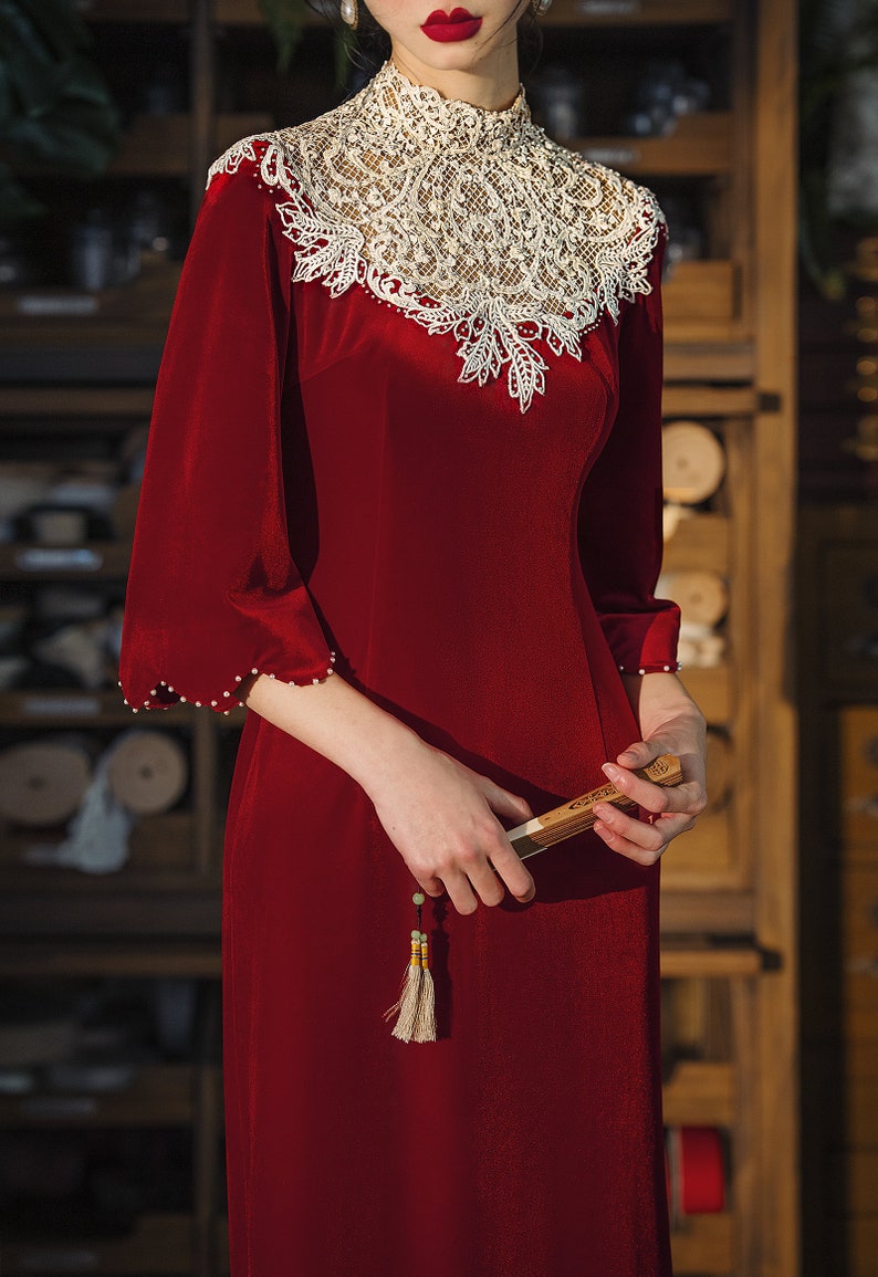 Lydia Qi-Pao inspired cape sleeves cllared lace red wedding dress. image 7