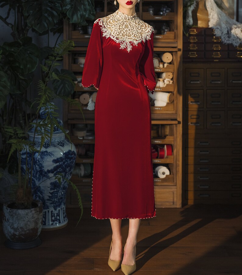 Lydia Qi-Pao inspired cape sleeves cllared lace red wedding dress. image 8