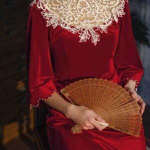 Lydia Qi-Pao inspired cape sleeves cllared lace red wedding dress. image 3