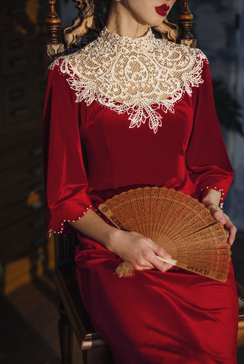 Lydia Qi-Pao inspired cape sleeves cllared lace red wedding dress. image 3