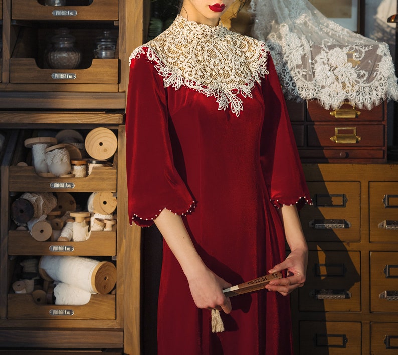 Lydia Qi-Pao inspired cape sleeves cllared lace red wedding dress. image 4