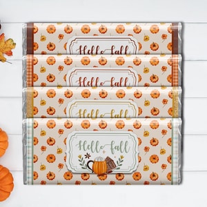 Hello Fall Chocolate Bar Wrappers – 4 Autumn Pumpkin Designs – Printable Candy Bar Covers – Fall Party Favors - Fits Hershey 1.55 oz