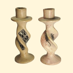 Vintage African Hand Carved Soapstone Candleholders Pair
