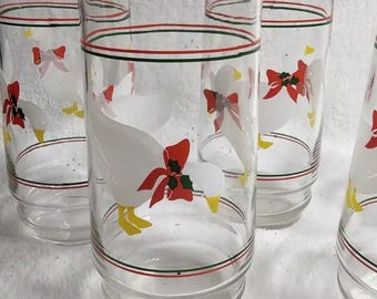 Vintage Christmas Goose Drinking Glasses Set of 4, Indiana Glass Country Goose with Red Ribbon, 16oz Holiday Tumblers, Retro Farmhouse Decor