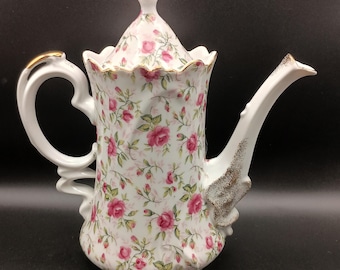 Lefton Rose Chintz Porcelain Coffee Pot with Matching Lid Hand-Painted Vintage