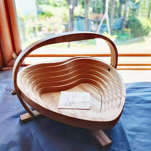 Vintage Collapsible Wooden Basket, Spiral Cut, Unique Heart Shape, Hand Made by Deep Springs