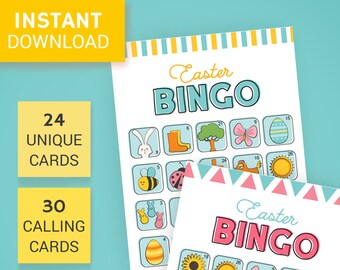 Easter Bingo Cards. Printable Easter Bingo Game. Class Easter Bingo for Kids. Includes 24 different cards & calling cards