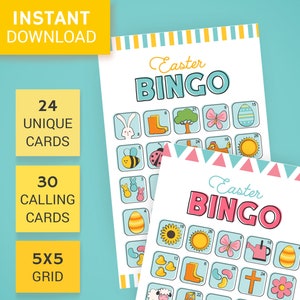 Easter Bingo Cards. Printable Easter Bingo Game. Class Easter Bingo for Kids. Includes 24 different cards & calling cards