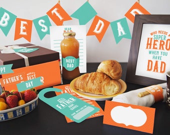 Father's Day printable breakfast kit. Cute gift from kids to dad. Fathers Day printabe gift pack. Fathers day banner tags Printables for dad