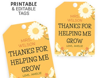 Thanks for helping me grow printable tags. Back to School printable gift tag. Flower gift tag. Teacher printable flower tag