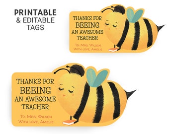 Bee teacher tags. Printable Teacher Thank You Tag. Personalized Flower pot gift tag. Thanks for beeing an awesome teacher label