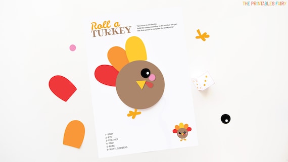 Roll a Turkey  Thanksgiving Kids Table Printable Game for