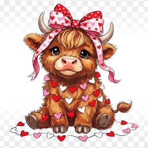 Valentine Highland Cow PNG – Coquette Heart Bow Design for Shirts, Tumblers & Gifts (Digital Download)