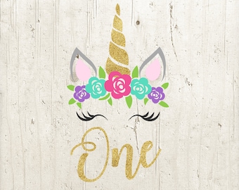 Unicorn First Birthday SVG: Gold Glitter, Floral Crown (Digital Download)