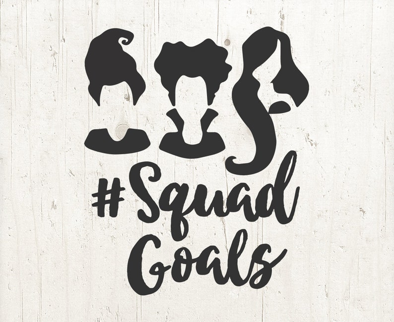May include: Black and white silhouette image of three women with the text "#Squad Goals" below. The women are wearing witch hats and have long hair.