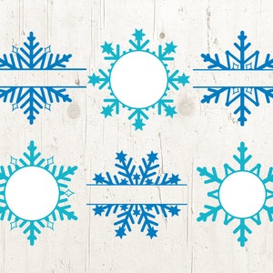 Pode incluir: Seis designs diferentes de flocos de neve azuis com um círculo no centro para adicionar texto. Os flocos de neve são divididos ao meio com uma linha no meio para adicionar texto.