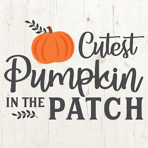 May include: A white wood sign with black text that reads "Cutest Pumpkin in the Patch". An orange pumpkin with a green stem and leaves is above the text.