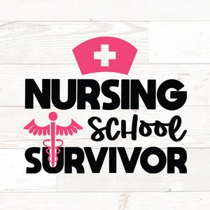 May include: Black and pink graphic with the text "Nursing School Survivor" and a stylized medical symbol with wings.