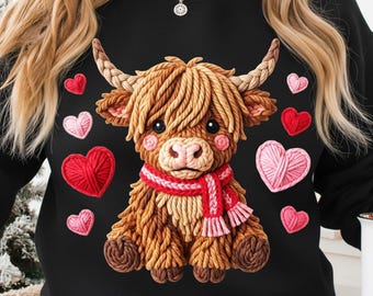 Valentine Highland Cow PNG – Faux Yarn Design for Shirts, Tumblers & Gifts (Digital Download)