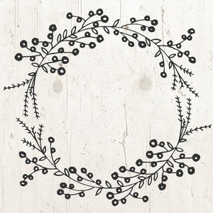 May include: Black and white illustration of a wreath made of stylized branches and berries.
