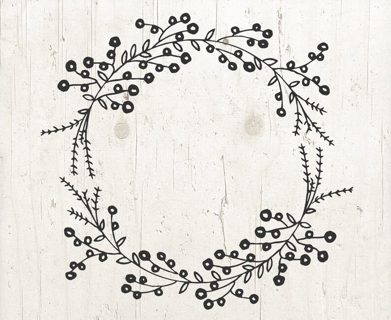 May include: Black and white illustration of a wreath made of stylized branches and berries.