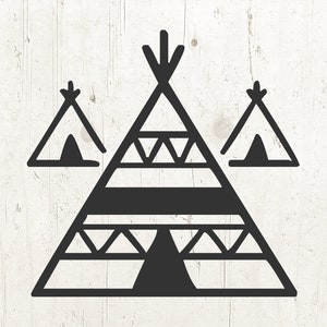 May include: Black and white illustration of three teepees. The largest teepee has a geometric pattern and the two smaller teepees are on either side of the large teepee.