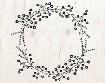 May include: A black line drawing of a floral wreath on a white wooden background. The wreath is composed of branches with leaves and small, round berries. The design is simple and elegant, suitable for various decorative purposes.