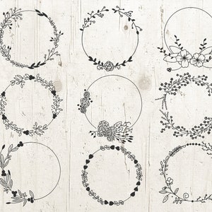 May include: Set of nine black and white floral wreaths with circular frames. The wreaths are made of various floral elements, including leaves, flowers, and berries.