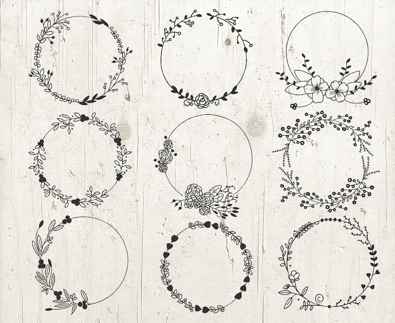 May include: Set of nine black and white floral wreaths with circular frames. The wreaths are made of various floral elements, including leaves, flowers, and berries.